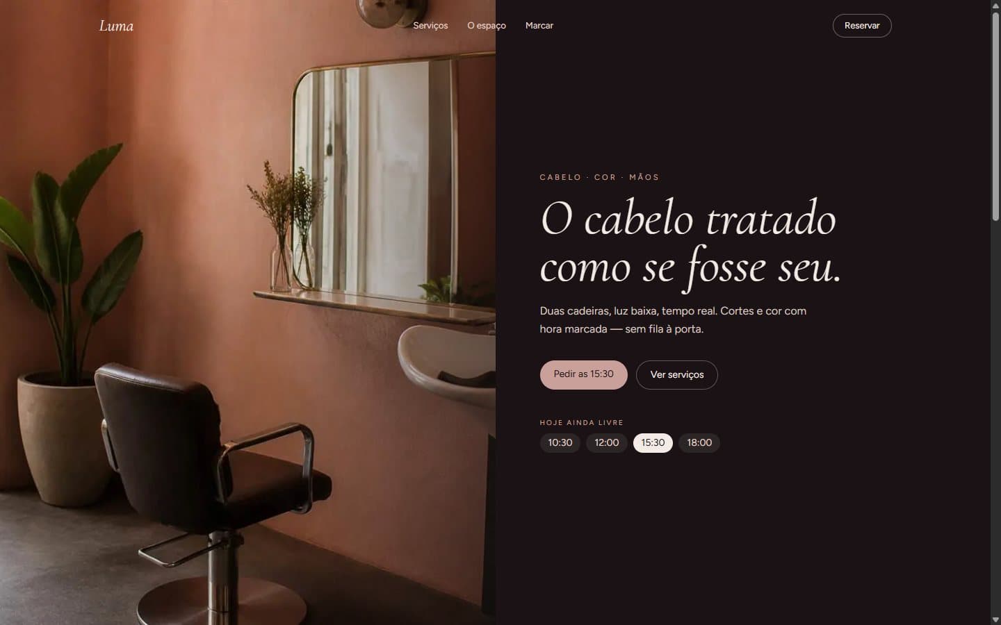 Website do Atelier Luma, salão de cabelo e estética.
