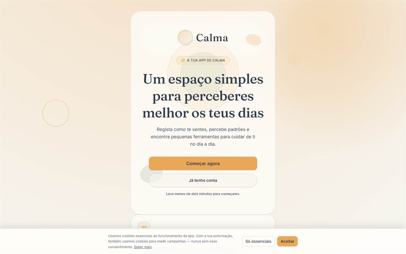 Ecrã inicial da aplicação Calma, um produto de bem-estar.