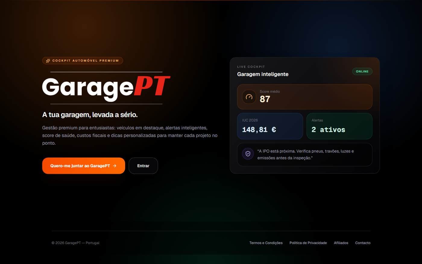 Interface da GaragePT, produto de gestão automóvel.